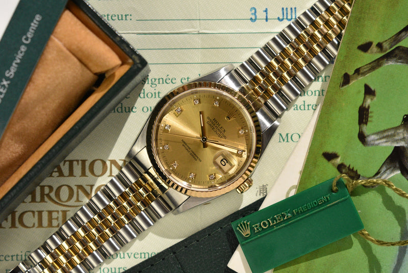 1991 Rolex Datejust 16233G Factory Diamond Dial Complete Set
