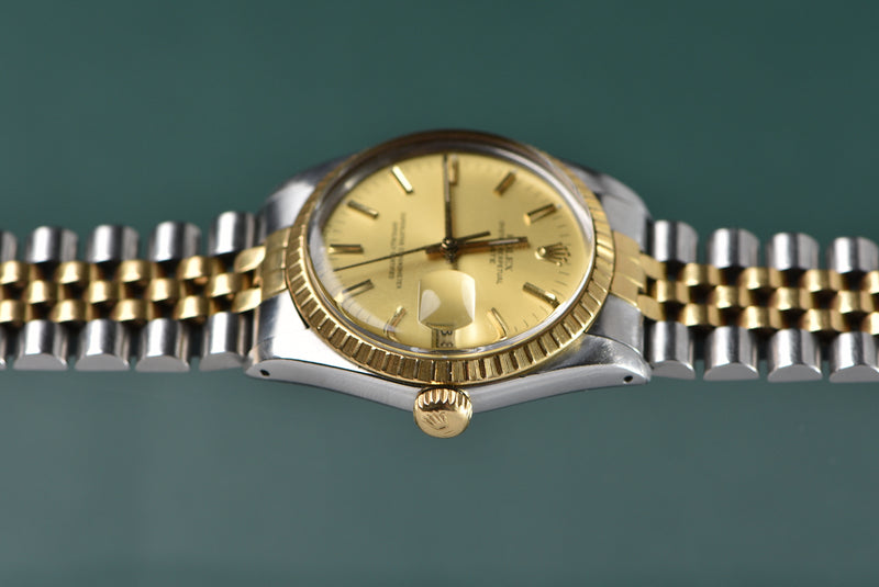 1987 Rolex Date 15053 Gold Engine Turn Bezel