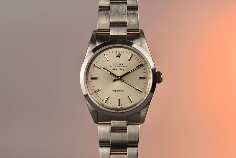 1990 Rolex Air King 14000 Warm Silver Dial with Box and Papers
